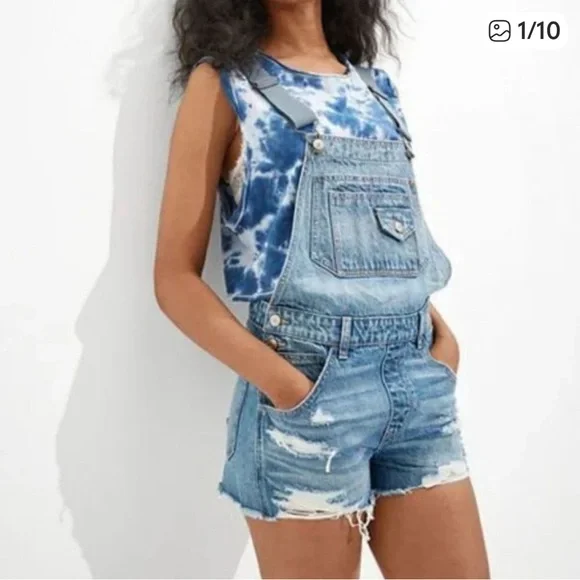 American Eagle | 90s Boyfriend Shortall Cotton Denim Overall Shorts, Womens XXL - Picture 1 of 10